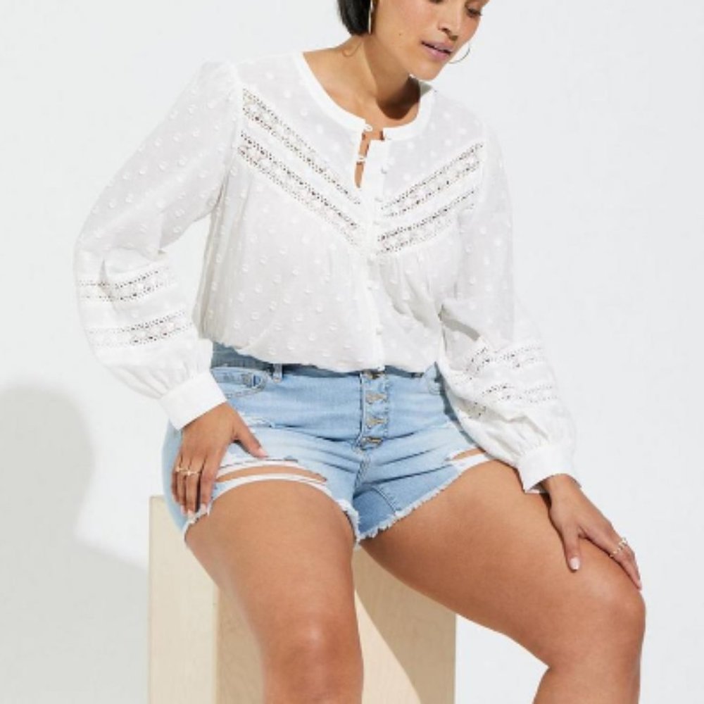 Torrid Cotton Clip Dot Lace Trim Long Sleeve Top NWT